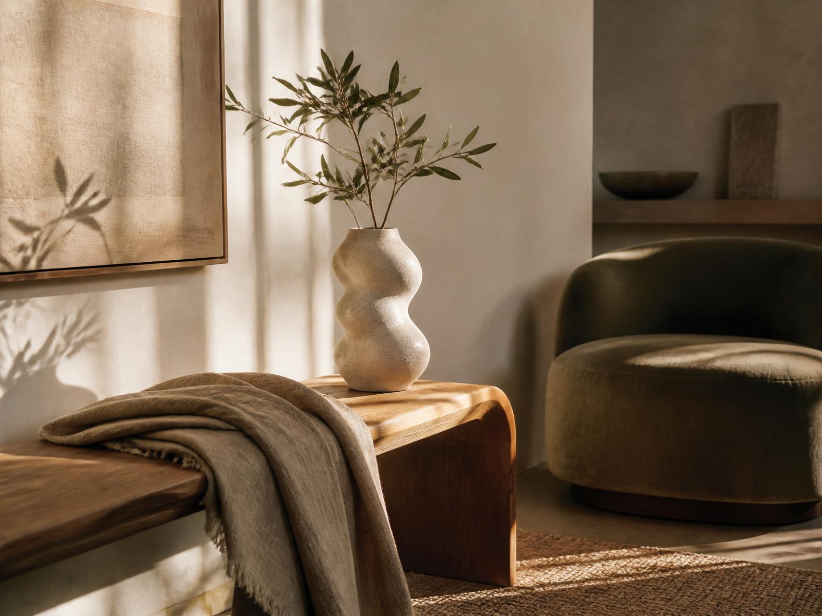 Sunlit interior corner with a sculptural ceramic vase, linen throw and oak bench